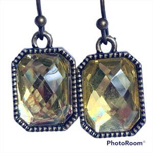 Emerald Radiant Cut Champagne Topaz Crystal Earrings Brass Gold Tone Dangle